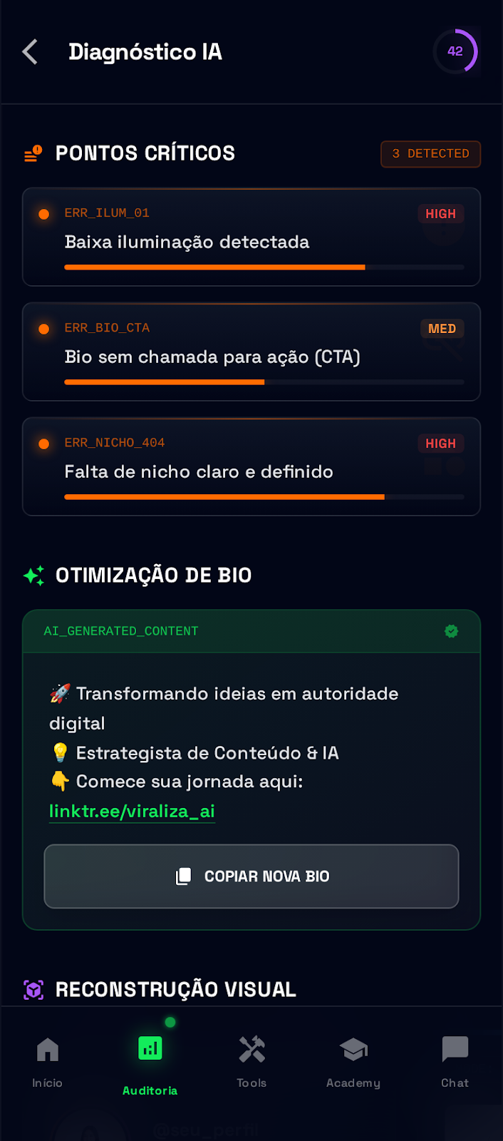 Tela de Resultados mostrando diagnóstico de IA com pontos críticos, otimização de bio e reconstrução visual